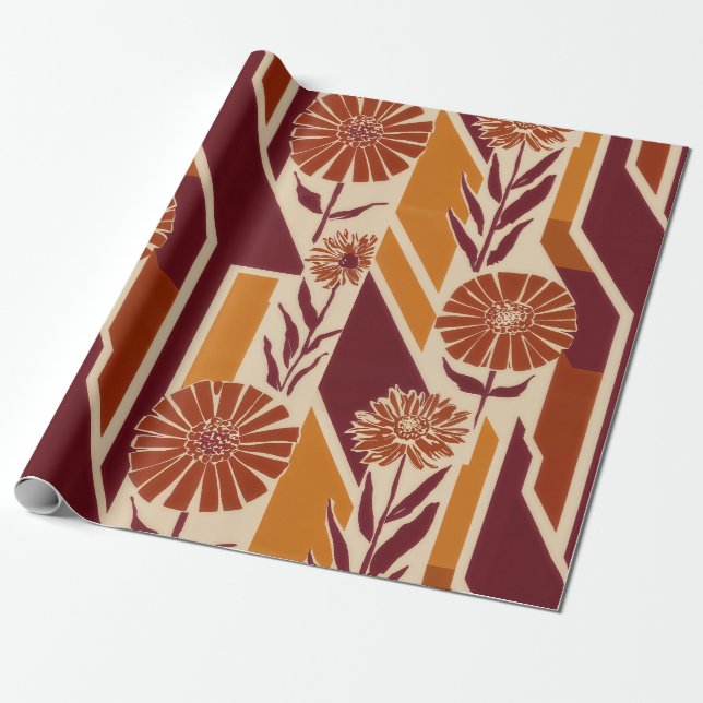 Papel De Presente Padrão Floral de Colheita Rústica em Tons Terrosos (Desenrolado)
