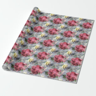 Papel De Presente Padrão Floral de Cor de Água de Peônias Vermelhas