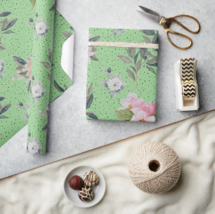 Papel De Presente Padrão Floral de Cor de Água Verde Moderna e Bonit