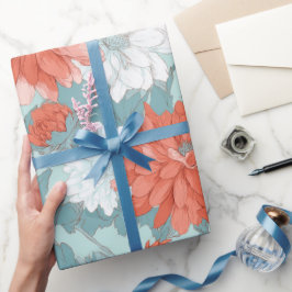Papel De Presente Padrão Floral de Coral Desenhado à Mão com Flor de