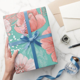Papel De Presente Padrão Floral de Coral Desenhado à Mão com Flor de