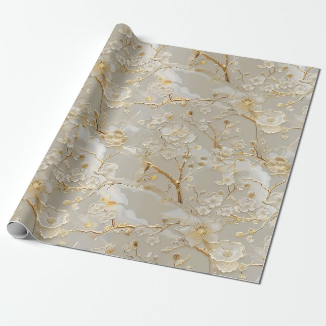 Papel De Presente Padrão floral de creme de ouro chico (Desenrolado)