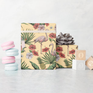 Papel De Presente Padrão Floral de Flamingo Amarelo Tropical