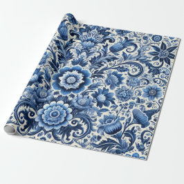 Papel De Presente Padrão Floral de Folk Azul