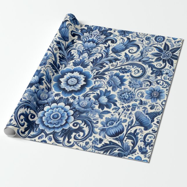 Papel De Presente Padrão Floral de Folk Azul (Desenrolado)