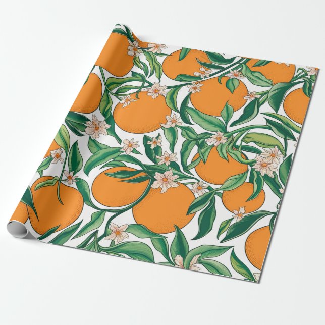 Papel De Presente Padrão Floral de Fruta de Citros de Verão (Desenrolado)