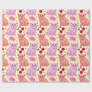 Papel De Presente Padrão Floral de Gatinho Fofo Cereja Kawaii Kitt