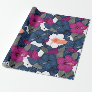 Papel De Presente Padrão Floral de Hibisco Azul Elegante (2)