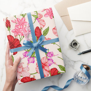 Papel De Presente Padrão Floral de Hibisco Tropical e Plumeria