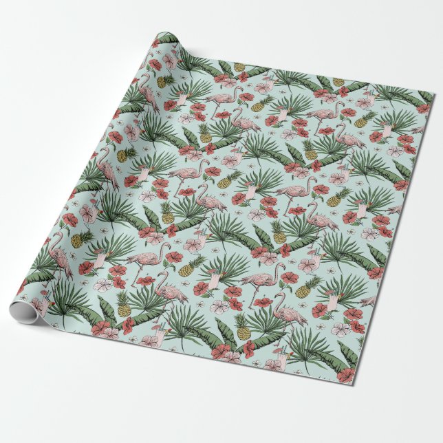 Papel De Presente Padrão Floral de Hortelã Tropical Flamingo (Desenrolado)
