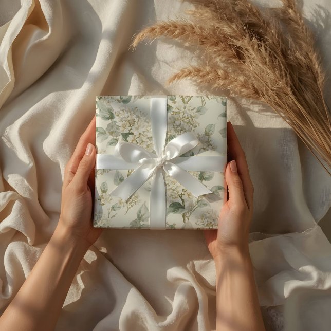 Papel De Presente Padrão Floral de Hortênsia Branca Suave (Criador carregado)