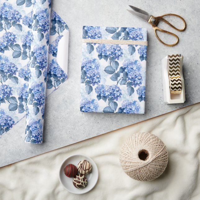 Papel De Presente Padrão Floral de Hydrangea Azul Elegante (Artesanato)