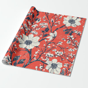 Papel De Presente Padrão Floral de Inverno do Folclore Índigo Vermel