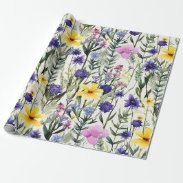 Papel De Presente Padrão Floral de Jardim de Flores Silvestres Roxo