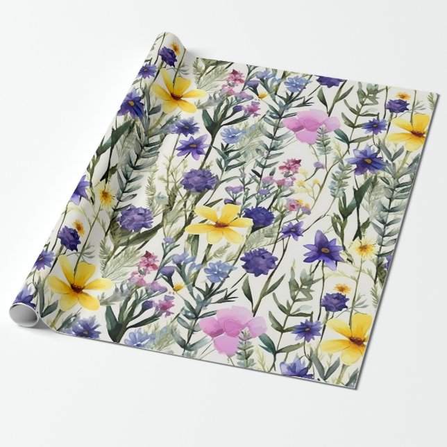 Papel De Presente Padrão Floral de Jardim de Flores Silvestres Roxo  (Desenrolado)