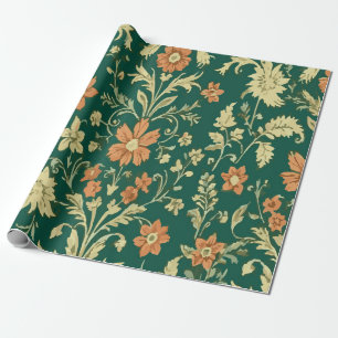 Papel De Presente Padrão Floral de Jardim em Laranja e Amarelo Vinta