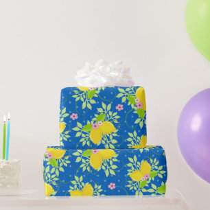 Papel De Presente Padrão Floral de Limões Azuis e Amarelos de Verão