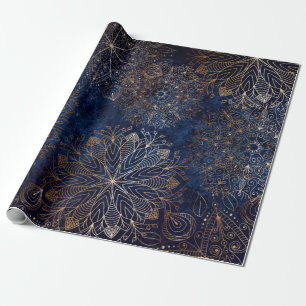 Papel De Presente Padrão Floral de Mandala Azul Escuro e Dourado ele