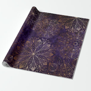 Papel De Presente Padrão Floral de Mandala Elegante Dourado e Roxo