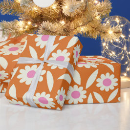 Papel De Presente Padrão Floral de Margaridas Retro Groovy em laranj