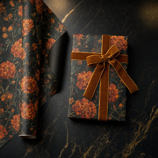Papel De Presente Padrão Floral de Marigold Laranja Escuro Sem Costu