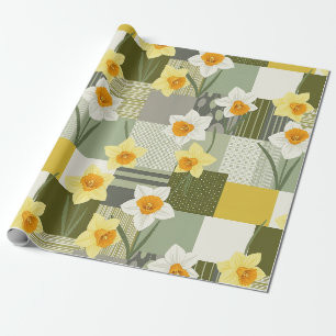Papel De Presente Padrão Floral de Narciso de Meados do Século