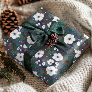 Papel De Presente Padrão Floral de Natal Azul Vermelho Verde Inverno
