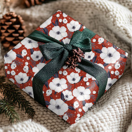 Papel De Presente Padrão Floral de Natal Branco Vermelho Inverno