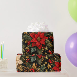 Papel De Presente Padrão Floral de Natal de Poinsettia de Luxo