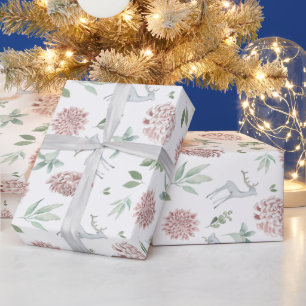 Papel De Presente Padrão floral de Natal elegante com cervo