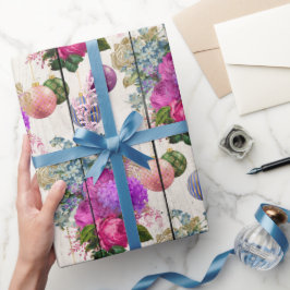 Papel De Presente Padrão floral de Natal elegante, cor-de-rosa e rox