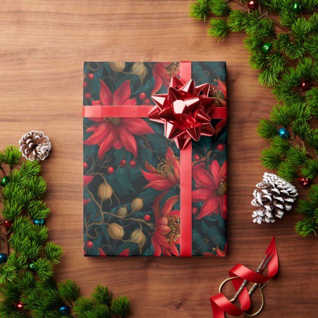 Papel De Presente Padrão Floral de Natal Vermelho Escuro (Presente de Natal)