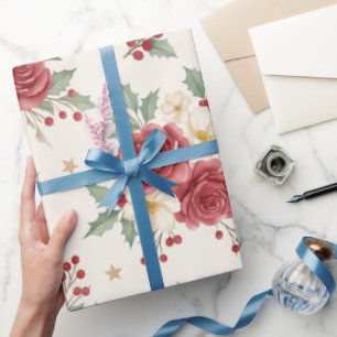 Papel De Presente Padrão Floral de Natal Vintage Holly Rosa Empoeira