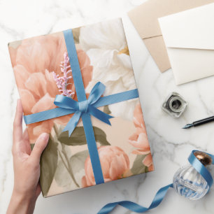 Papel De Presente Padrão Floral de Peônia em Marfim Pêssego Romântic