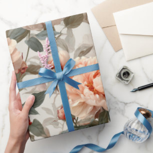 Papel De Presente Padrão Floral de Peônia em Marfim Rosa Romântico
