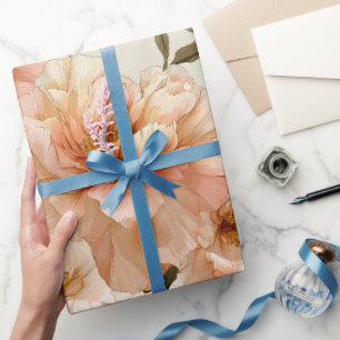 Papel De Presente Padrão Floral de Peônia em Marfim Rosa Romântico