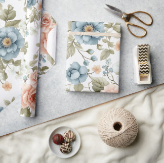 Papel De Presente Padrão Floral de Pêssego e Azul de Pastel Vintage