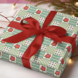 Papel De Presente Padrão Floral de Poinsettia de Natal em Patchwork