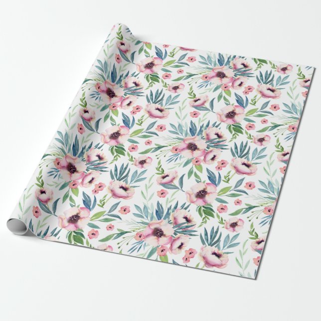 Papel De Presente Padrão Floral de Primavera rosa (Desenrolado)