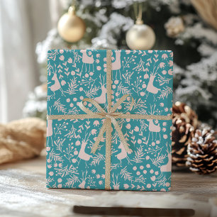 Papel De Presente Padrão Floral de Rena Nórdica Natal Rosa em Azul