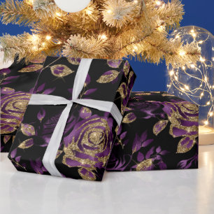 Papel De Presente Padrão Floral de Rosa Roxa e Dourada Elegante