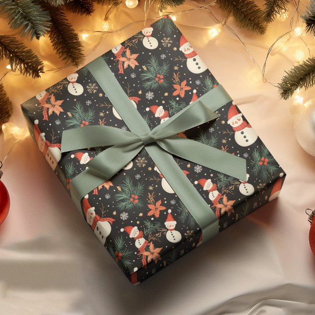 Papel De Presente Padrão Floral de Snowman Feriado de Natal (Cute Christmas Winter Holiday Snowman Poinsettia, Pine and Berries Floral Pattern Wrapping Paper)