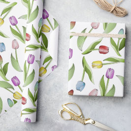 Papel De Presente Padrão Floral de Tulipas Coloridas Modernas
