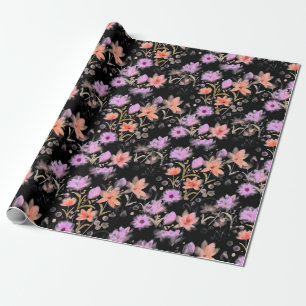 Papel De Presente Padrão Floral de Vintagem Rosa e Preto Clássico