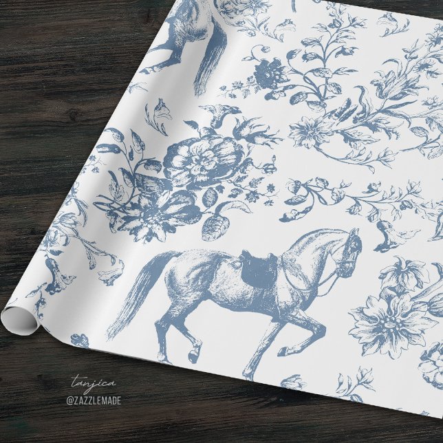 Papel De Presente Padrão Floral do Cavalo Branco Azul Elegante (Criador carregado)