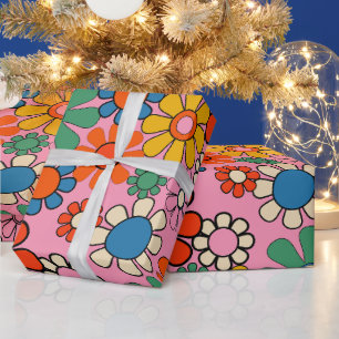 Papel De Presente Padrão Floral do Groovy Retro Colorido 60s 70s