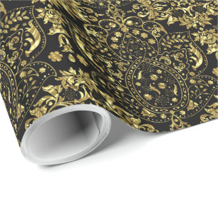 Papel De Presente Padrão Floral Dourado E Preto 2a