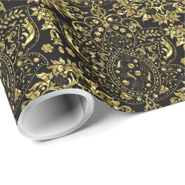 Papel De Presente Padrão Floral Dourado E Preto 2a (Ponta do rolo)