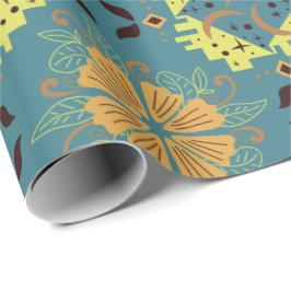 Papel De Presente Padrão floral e geométrico intrincado com laranja