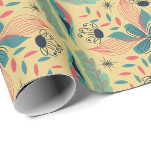 Papel De Presente padrão floral e geométrico vintage em azul-turques